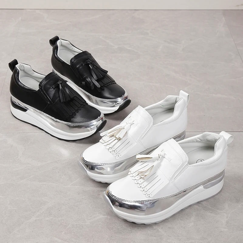 Witte Solveig Damessneakers met Plateauzool Franjes