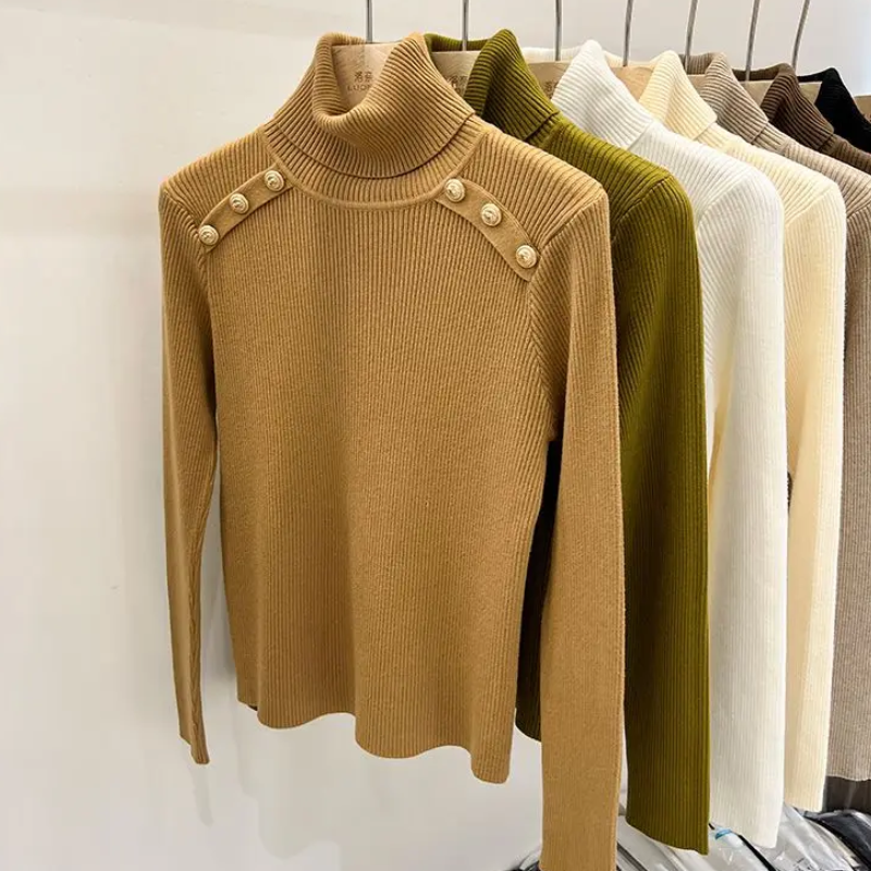 Elegante slim-fit gebreide coltrui met knopen voor dames | Ideaal voor herfst/winter