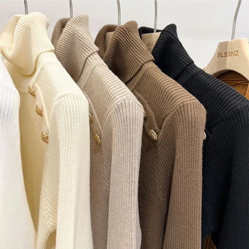 Elegante slim-fit gebreide coltrui met knopen voor dames | Ideaal voor herfst/winter