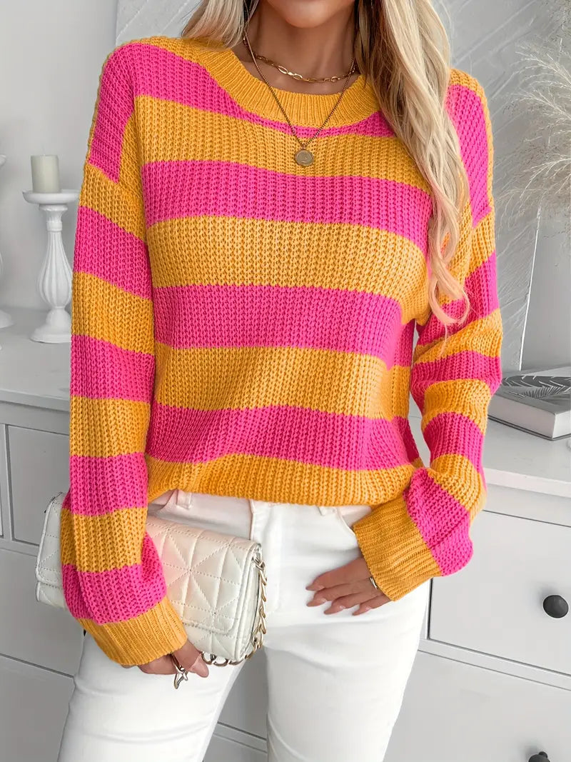 Elegante gebreide trui met gekleurde strepen voor dames, perfect voor de herfst/winter