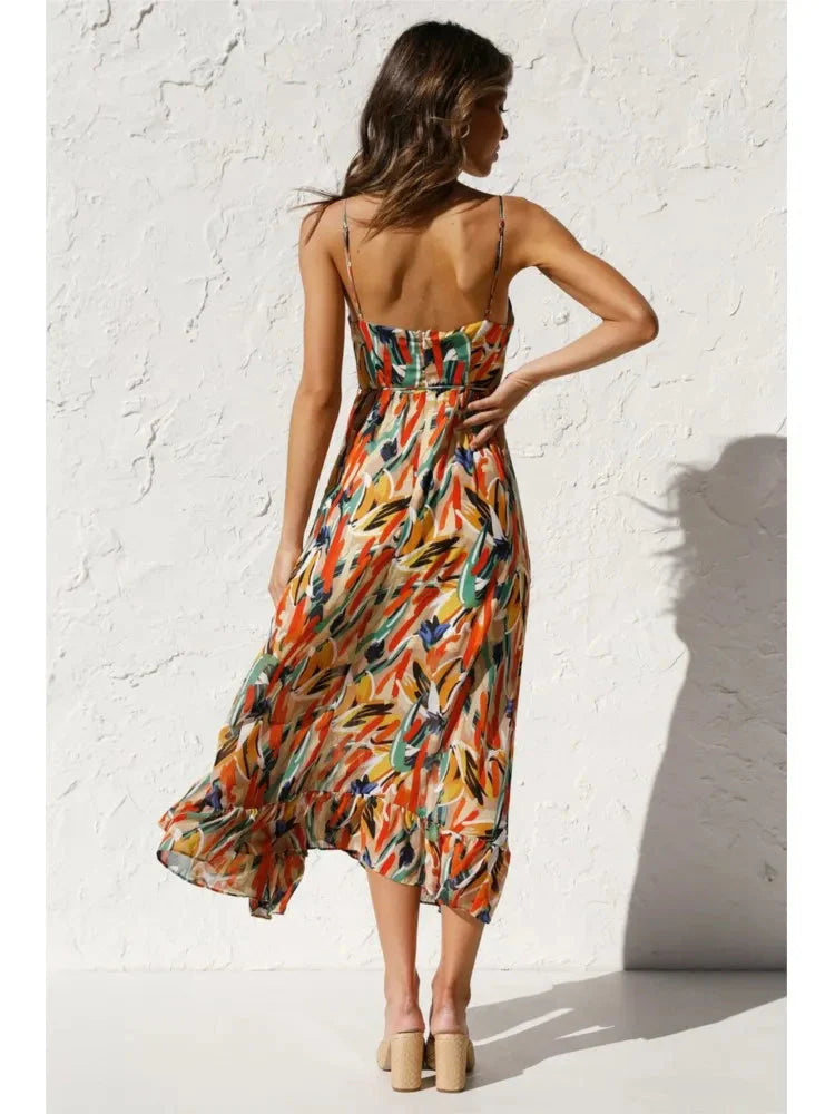 Katoenen midi-jurk bloemenprint spaghettibandjes zomers