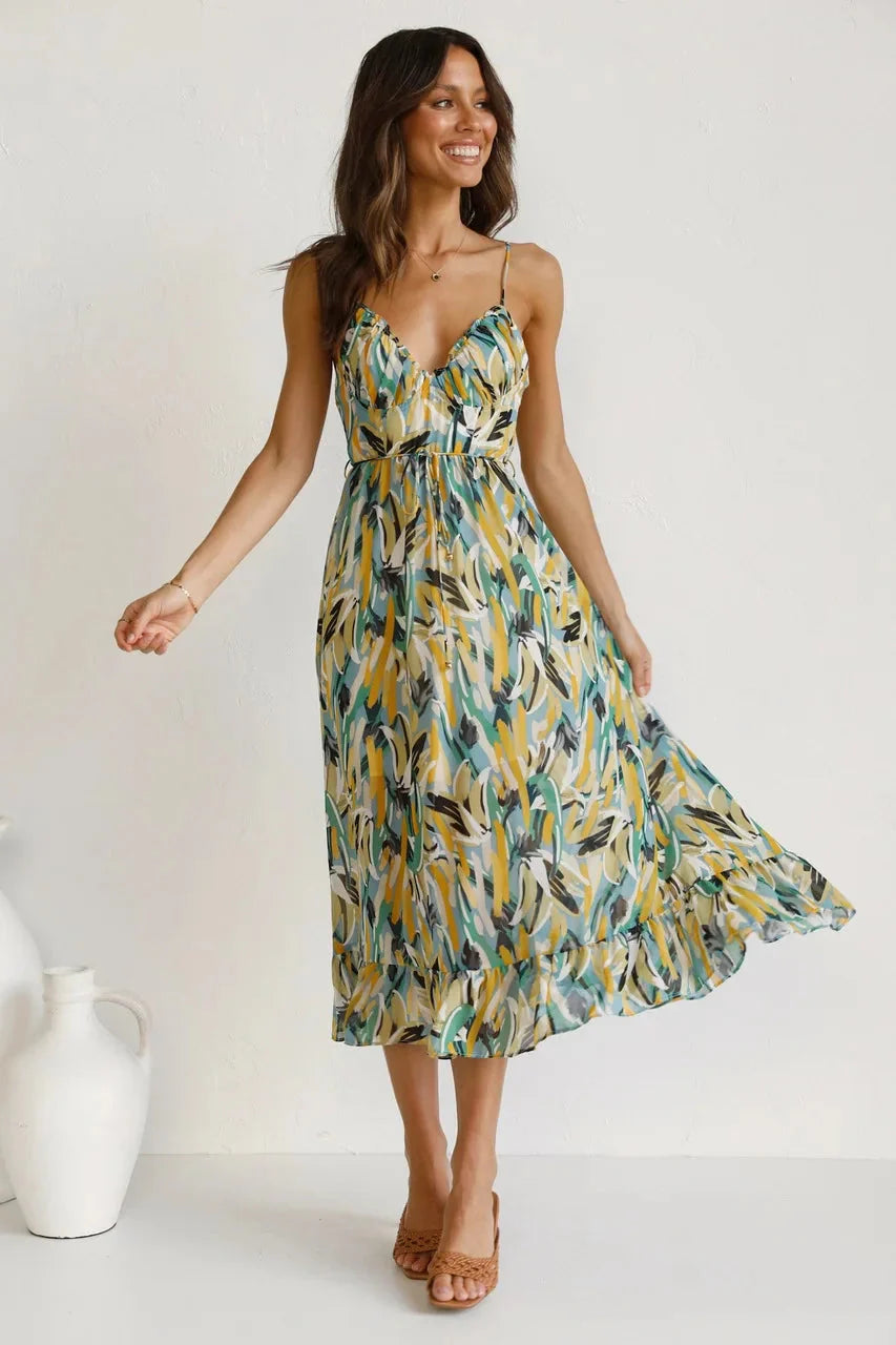 Katoenen midi-jurk bloemenprint spaghettibandjes zomers