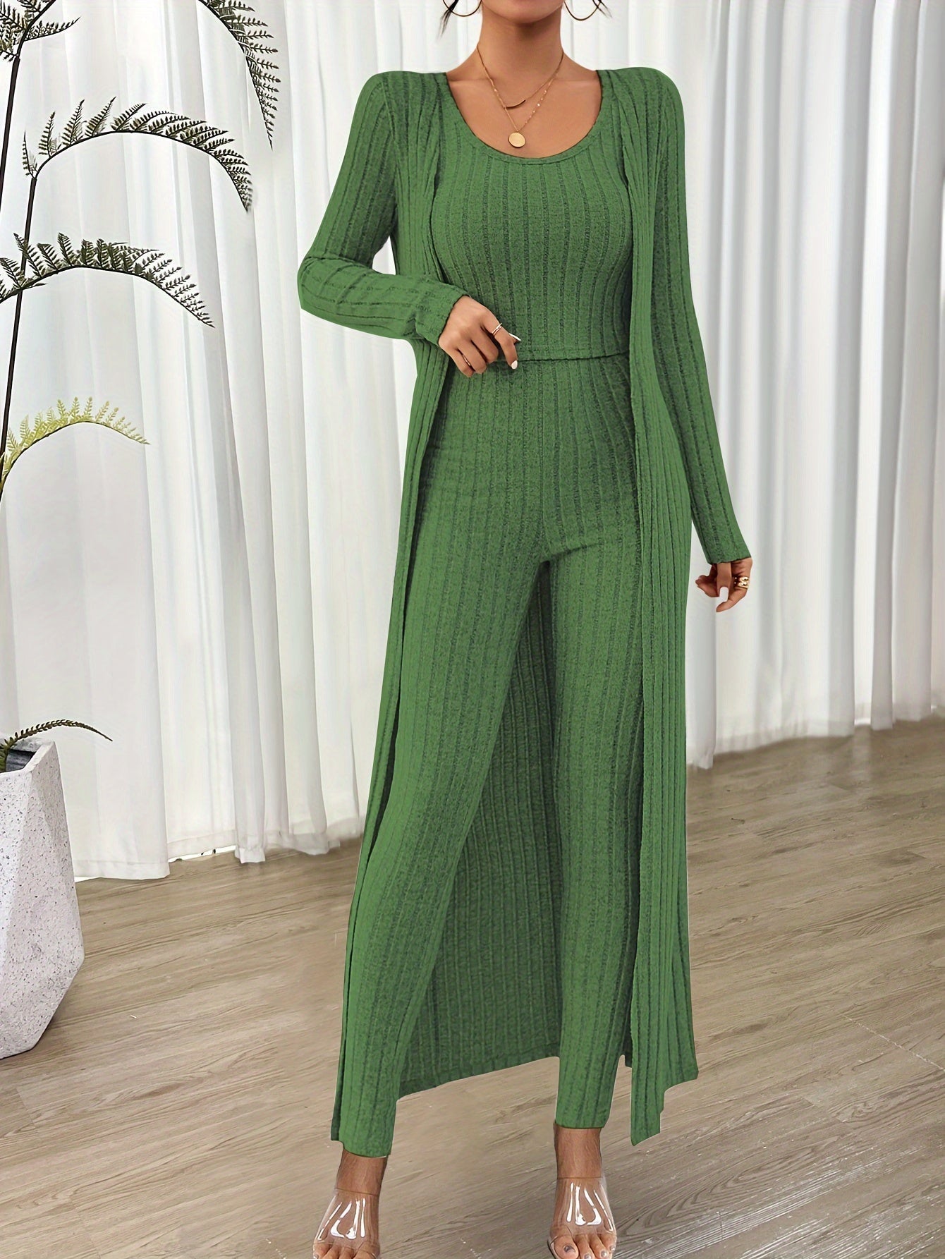 Chloé | Modieuze Geribbelde Crop Top, Lange Mouwen Cardigan en Hoge Taille Broekenset voor Dames | Ideaal voor Herfst/Winter