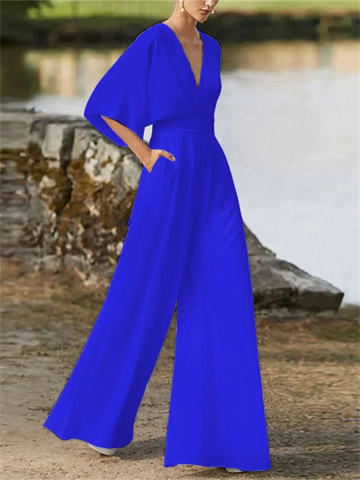 Stijlvolle jumpsuit met V-hals, wijde pijpen en vleermuismouwen voor dames | Ideaal voor de lente/zomer