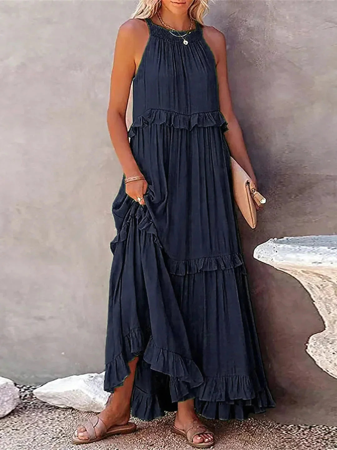 Zwierige maxi jurk met ruches in Zuri-stijl elegant