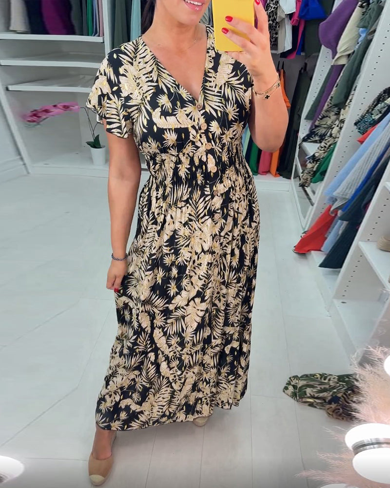 Zwarte jurk korte mouwen bladerenprint elegant