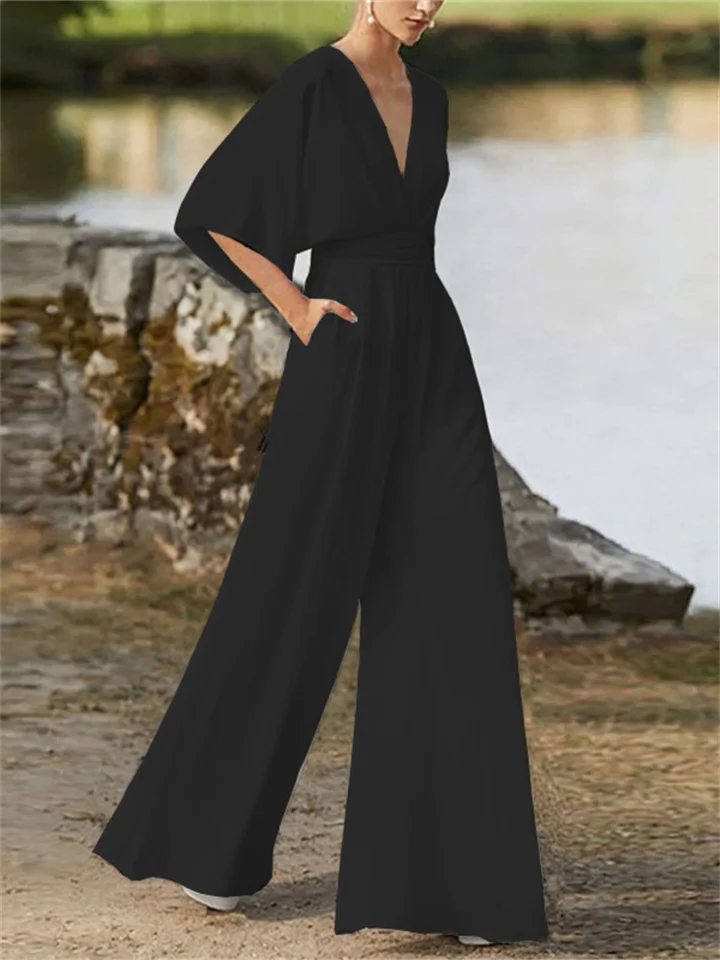 Stijlvolle jumpsuit met V-hals, wijde pijpen en vleermuismouwen voor dames | Ideaal voor de lente/zomer