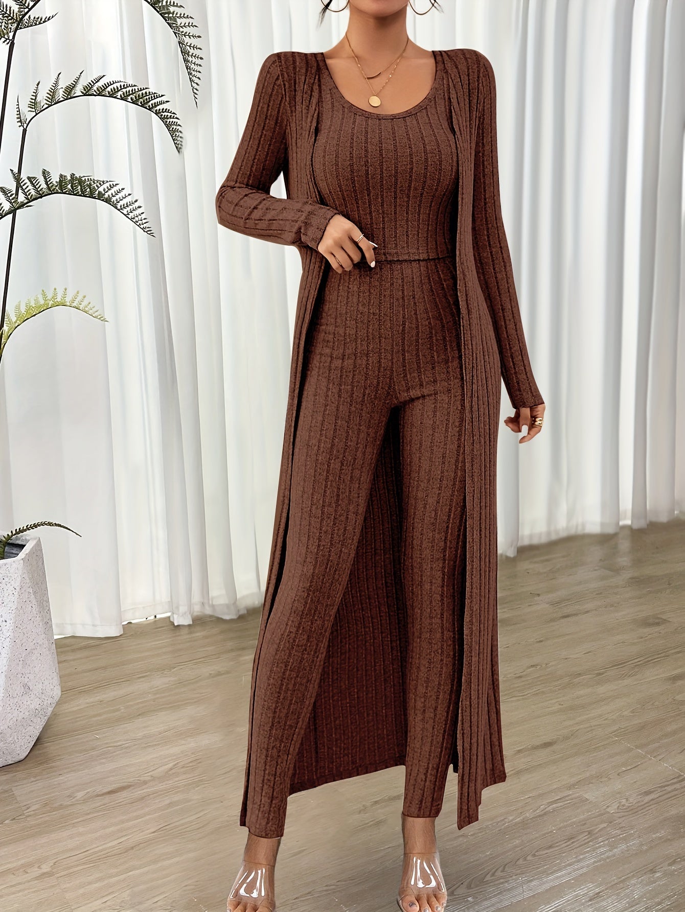 Chloé | Modieuze Geribbelde Crop Top, Lange Mouwen Cardigan en Hoge Taille Broekenset voor Dames | Ideaal voor Herfst/Winter