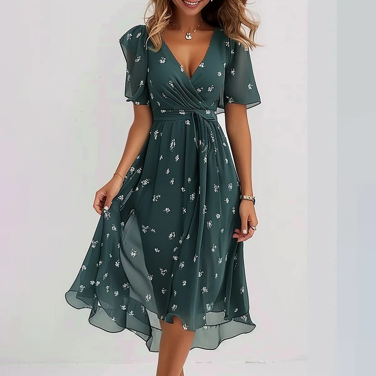 Elegante blauwe chiffonjurk met V-hals voor dames