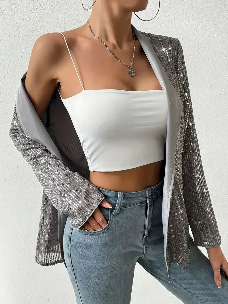 Grijze blazer met glimmende pailletten | Swinkels