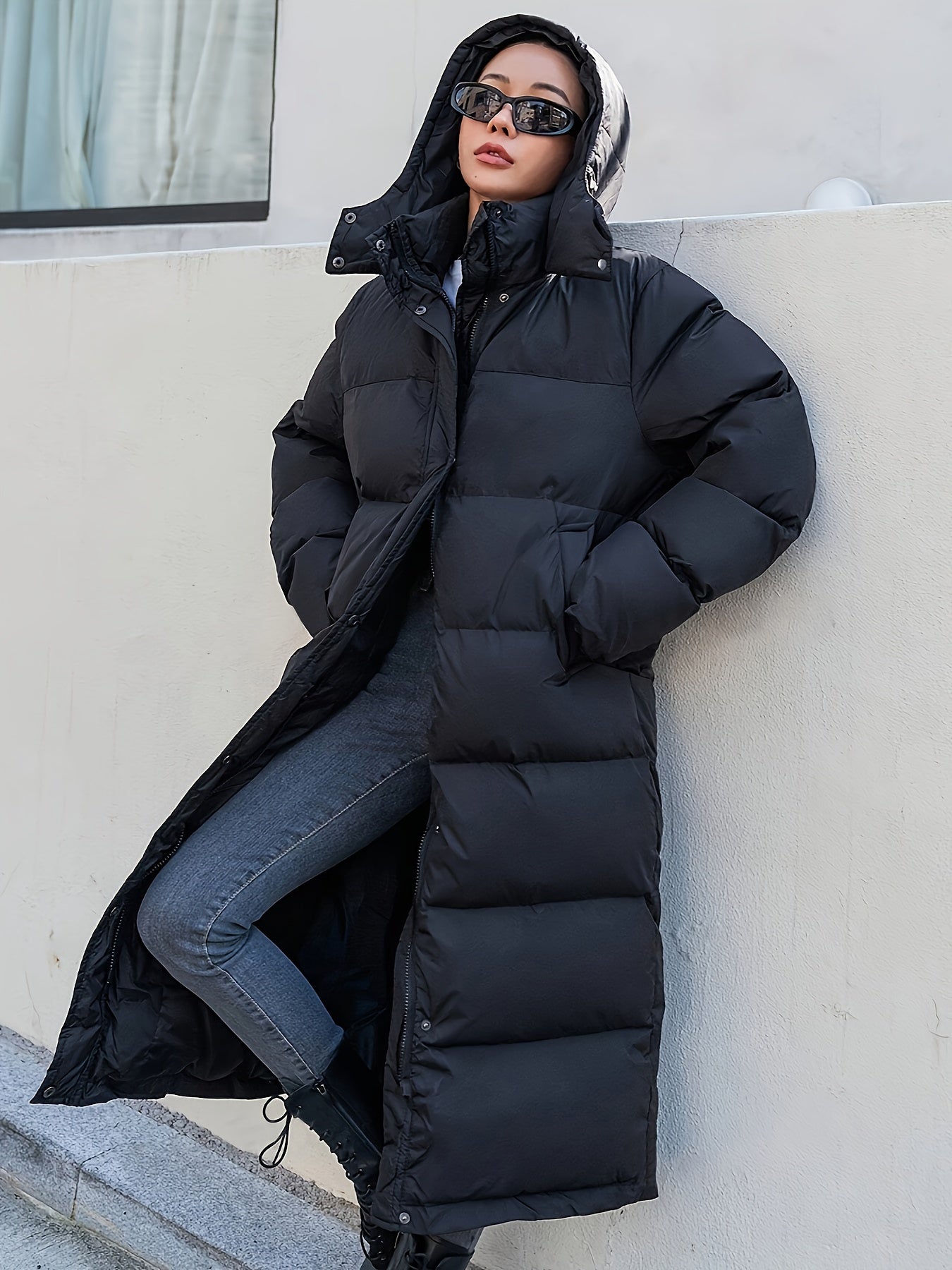 Warme casual lange zwarte gewatteerde jas met capuchon voor dames | Ideaal voor de winter