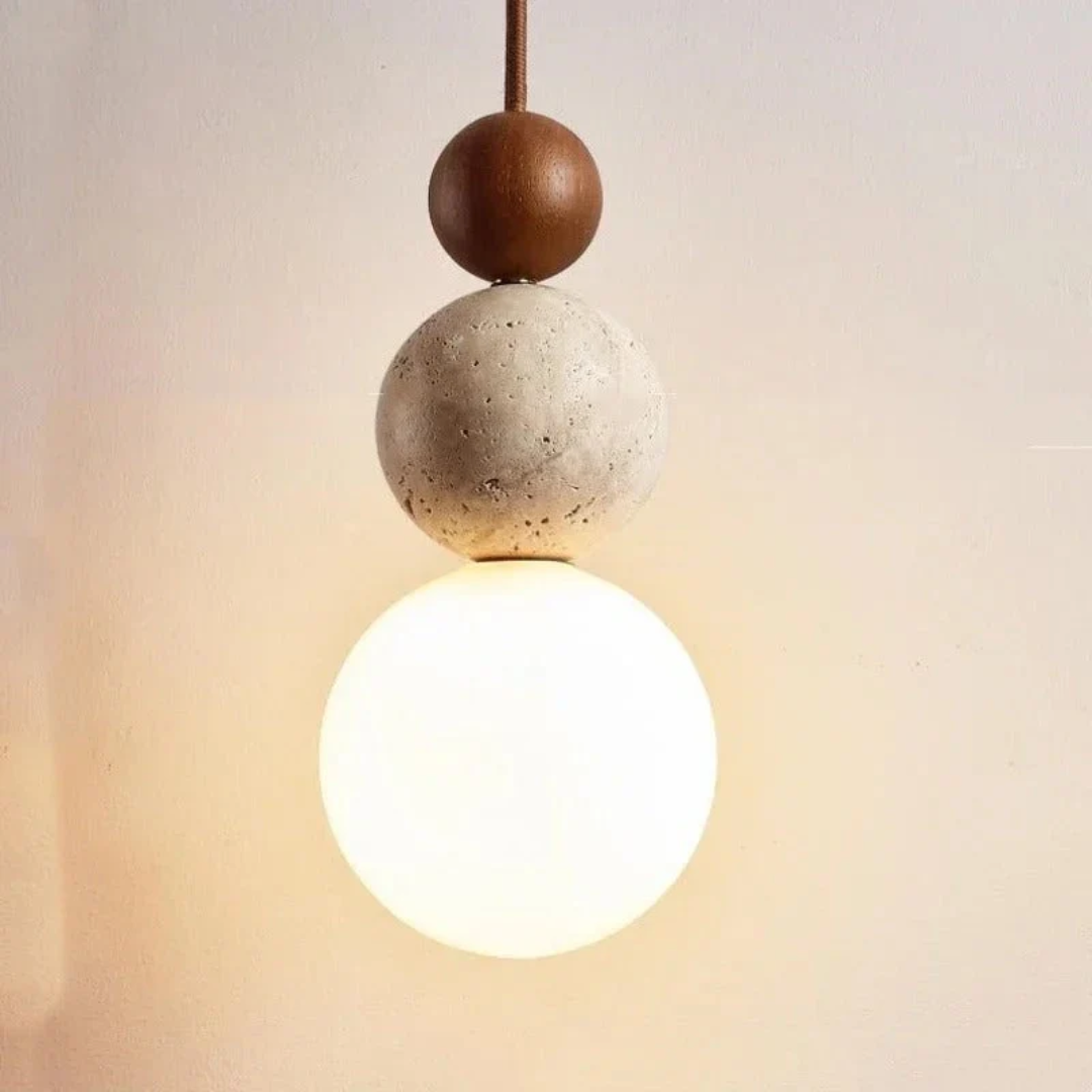 Moderne hanglamp van travertijn en mahoniehout met ledverlichting voor eettafel of woonkamer
