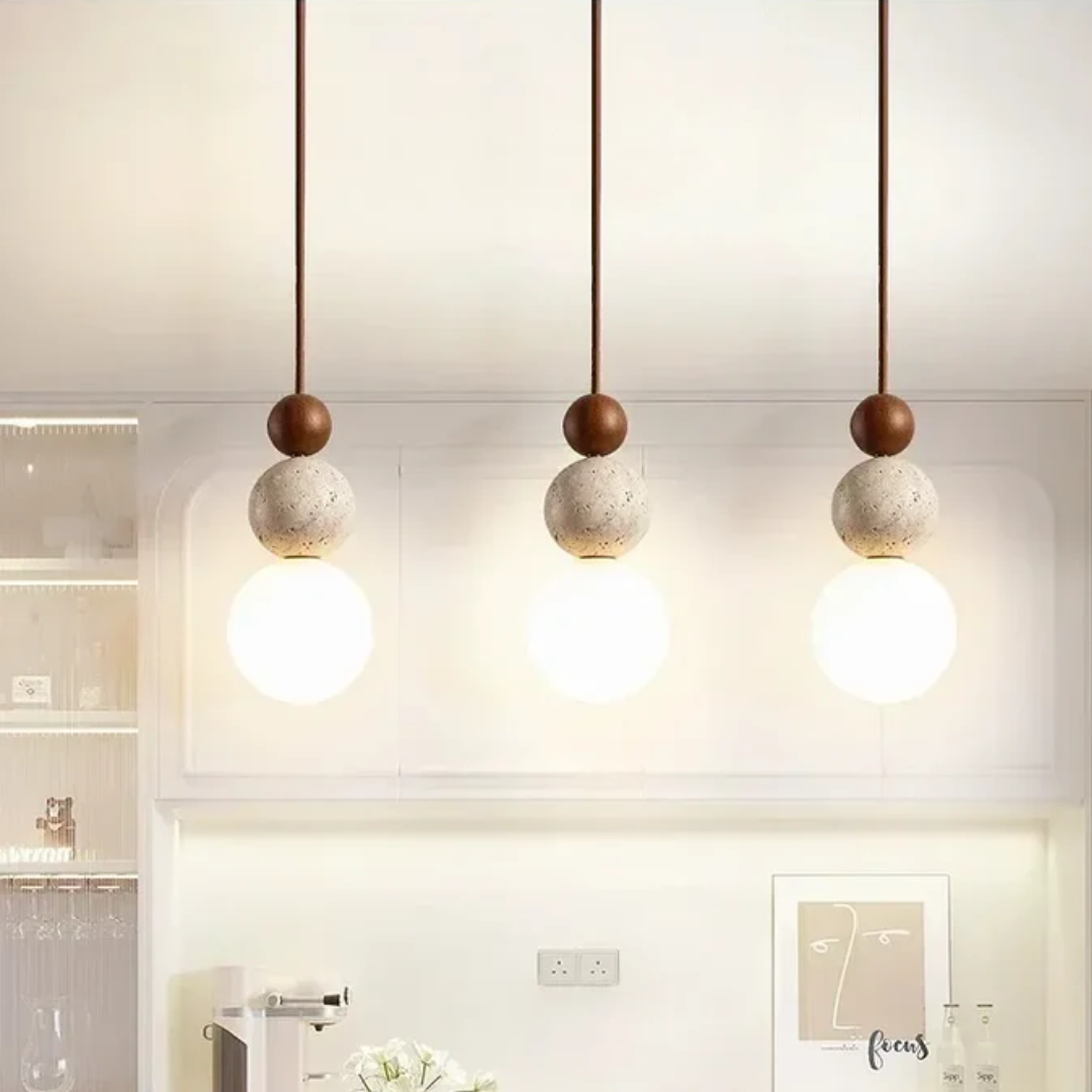Moderne hanglamp van travertijn en mahoniehout met ledverlichting voor eettafel of woonkamer