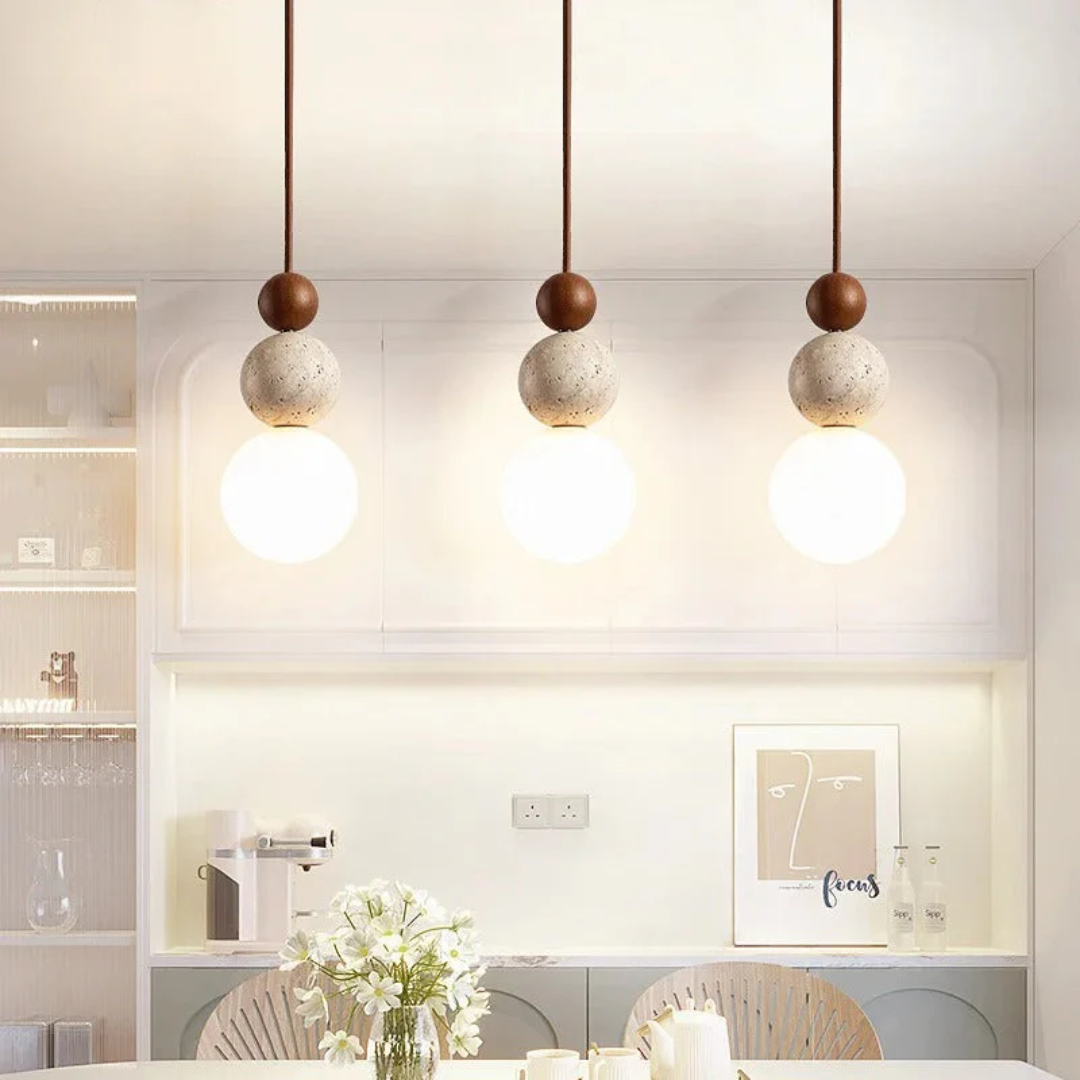 Moderne hanglamp van travertijn en mahoniehout met ledverlichting voor eettafel of woonkamer