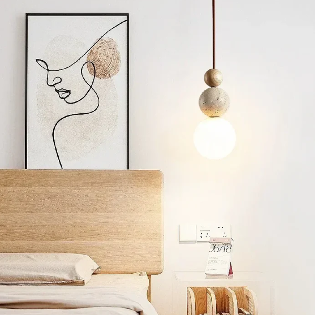 Moderne hanglamp van travertijn en mahoniehout met ledverlichting voor eettafel of woonkamer