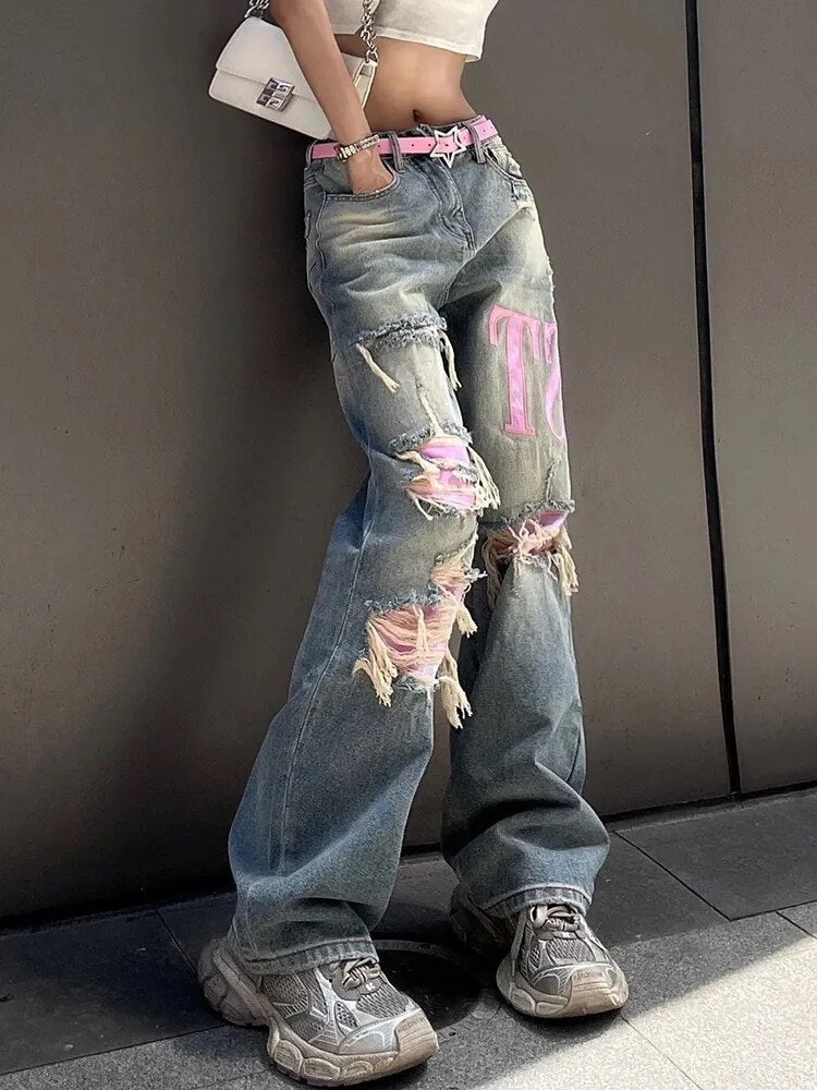 Vintage Style Wijde Blauwe Gescheurde Jeans Dames – De Perfecte Casual Must-Have!