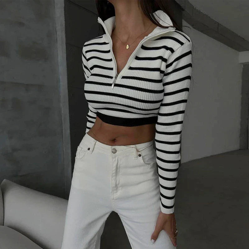 Zwart-wit gestreepte trui met rits casual stijl