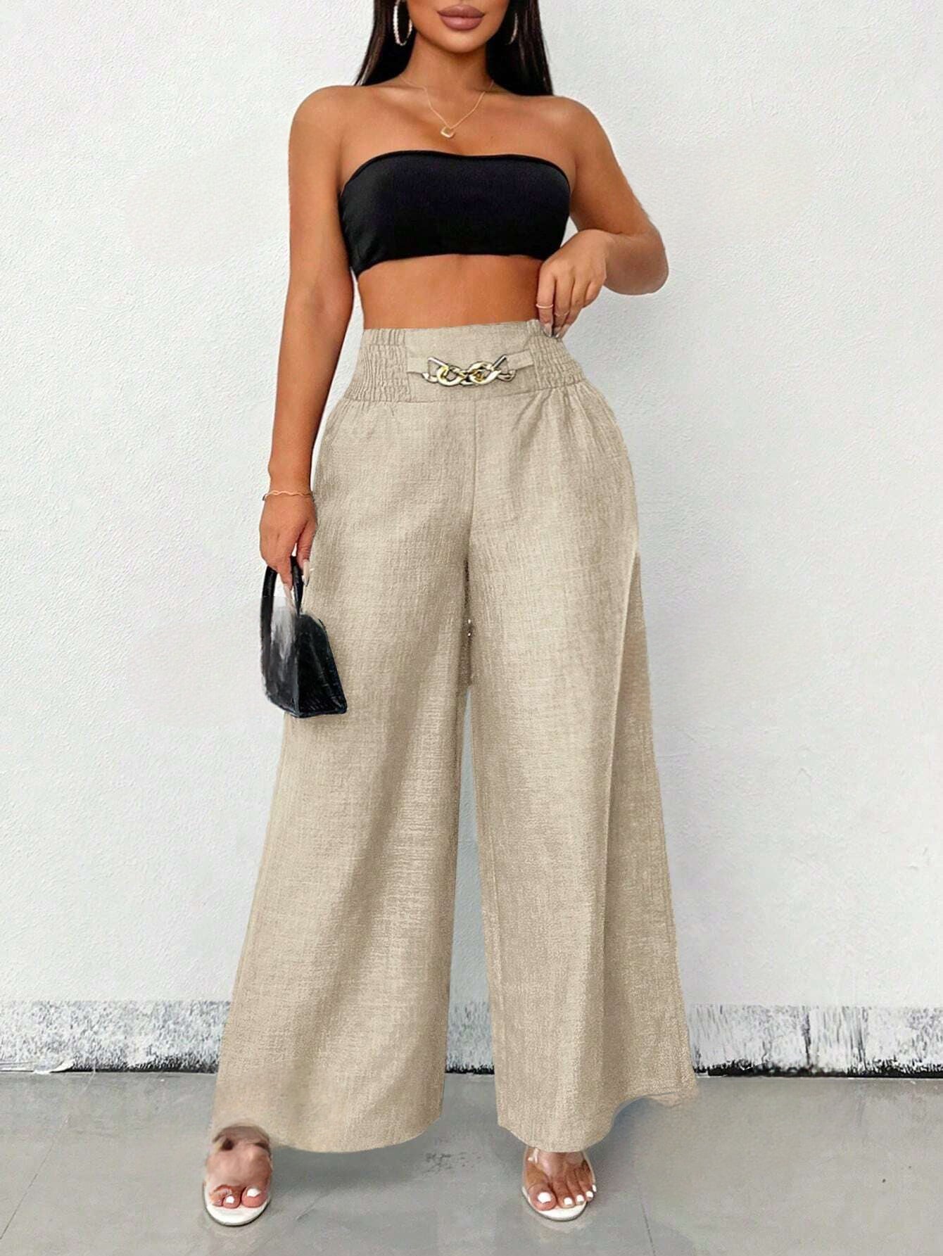 Dames Linnen Broek met Metalen Ketting | Casual Losse Wijde Fit