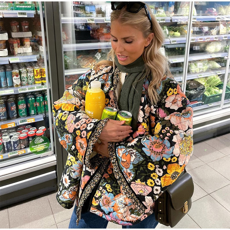 Elegante Warme Vrouwen Puffer Winterjas met Bloemenpatroon | Perfect voor Herfst/Winter