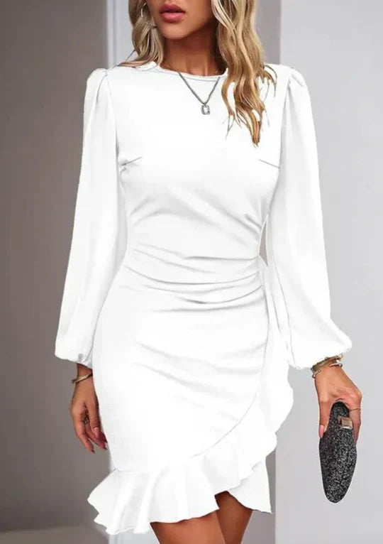 Elegante wikkelmidi-jurk met pofmouw en geplooide taille voor vrouwen | Ideaal voor de zomer