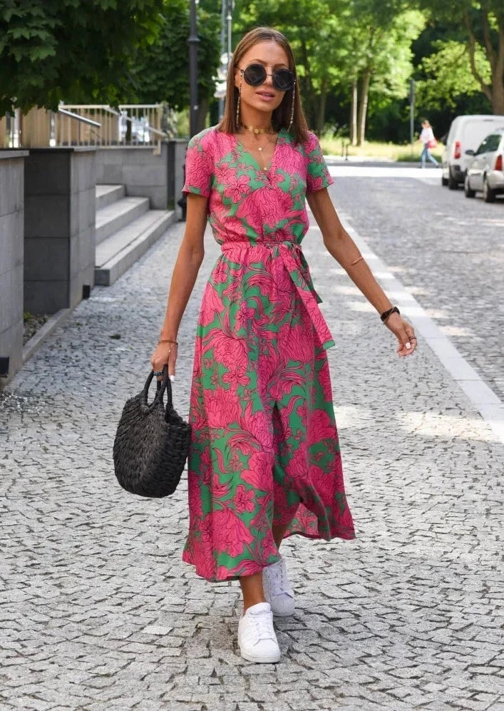 Sorel roze rode bloemen wikkeljurk met korte split