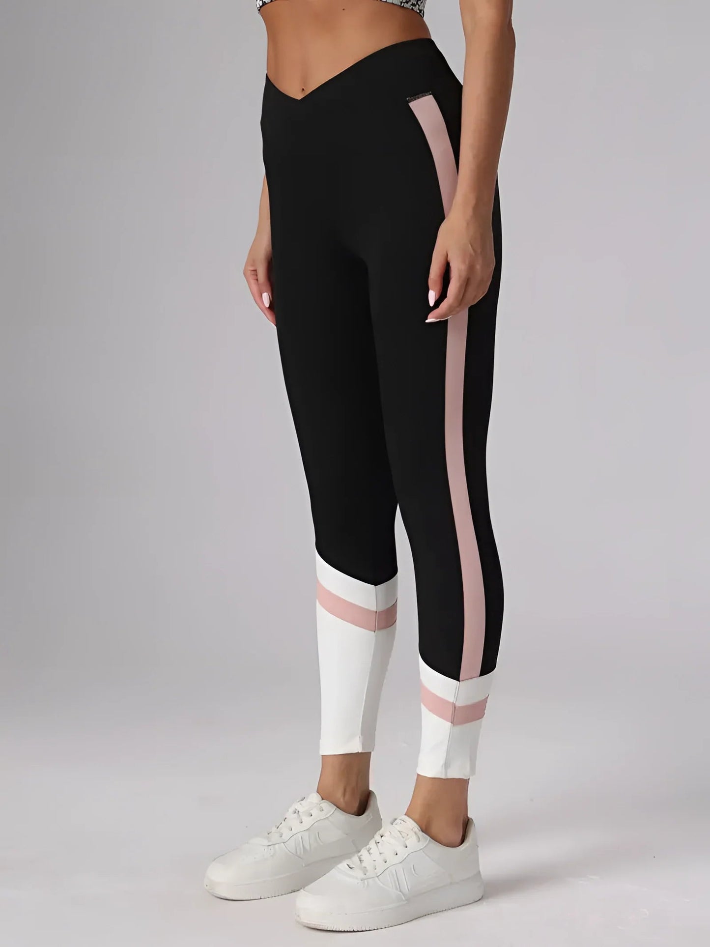 Zwarte hoge taille yogabroek met roze streep ademend