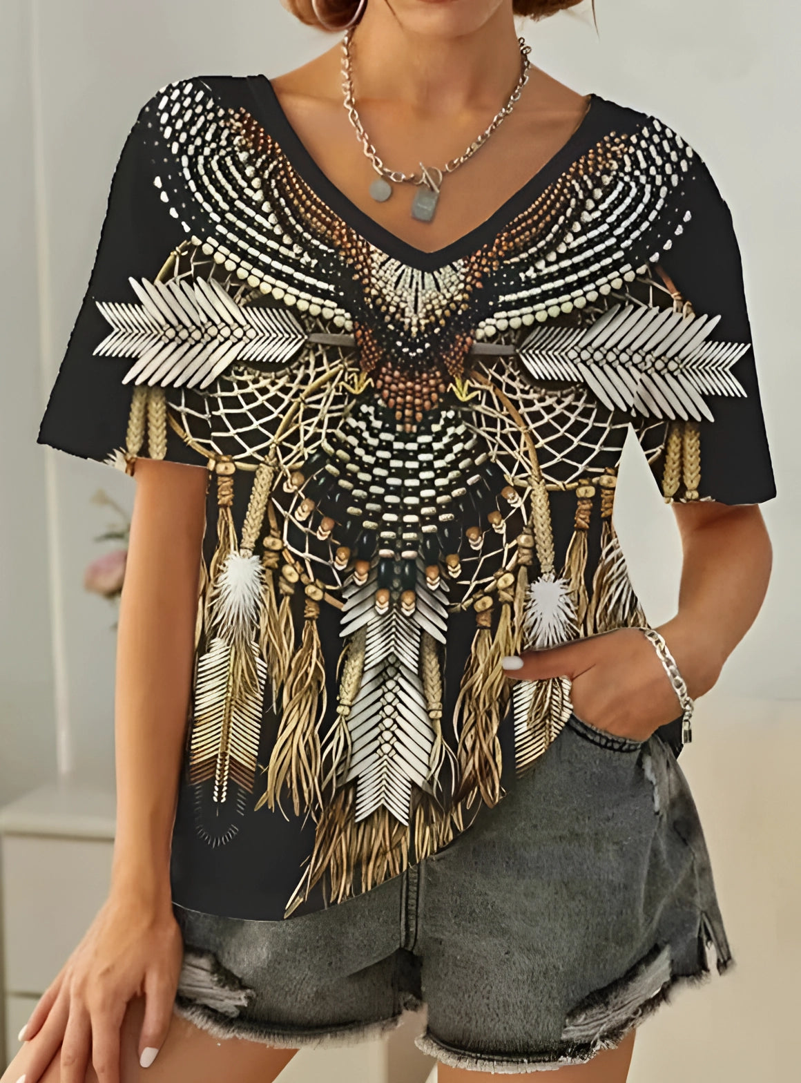 Zwart Tribal Print Boho Chic Dames T-shirt Streetstyle