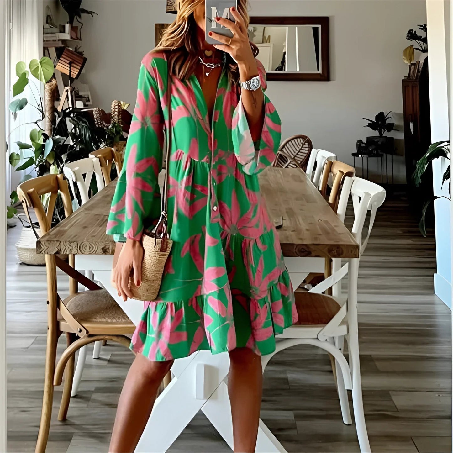 Zomerjurk met tropische bloemen roze vrijetijdskleding