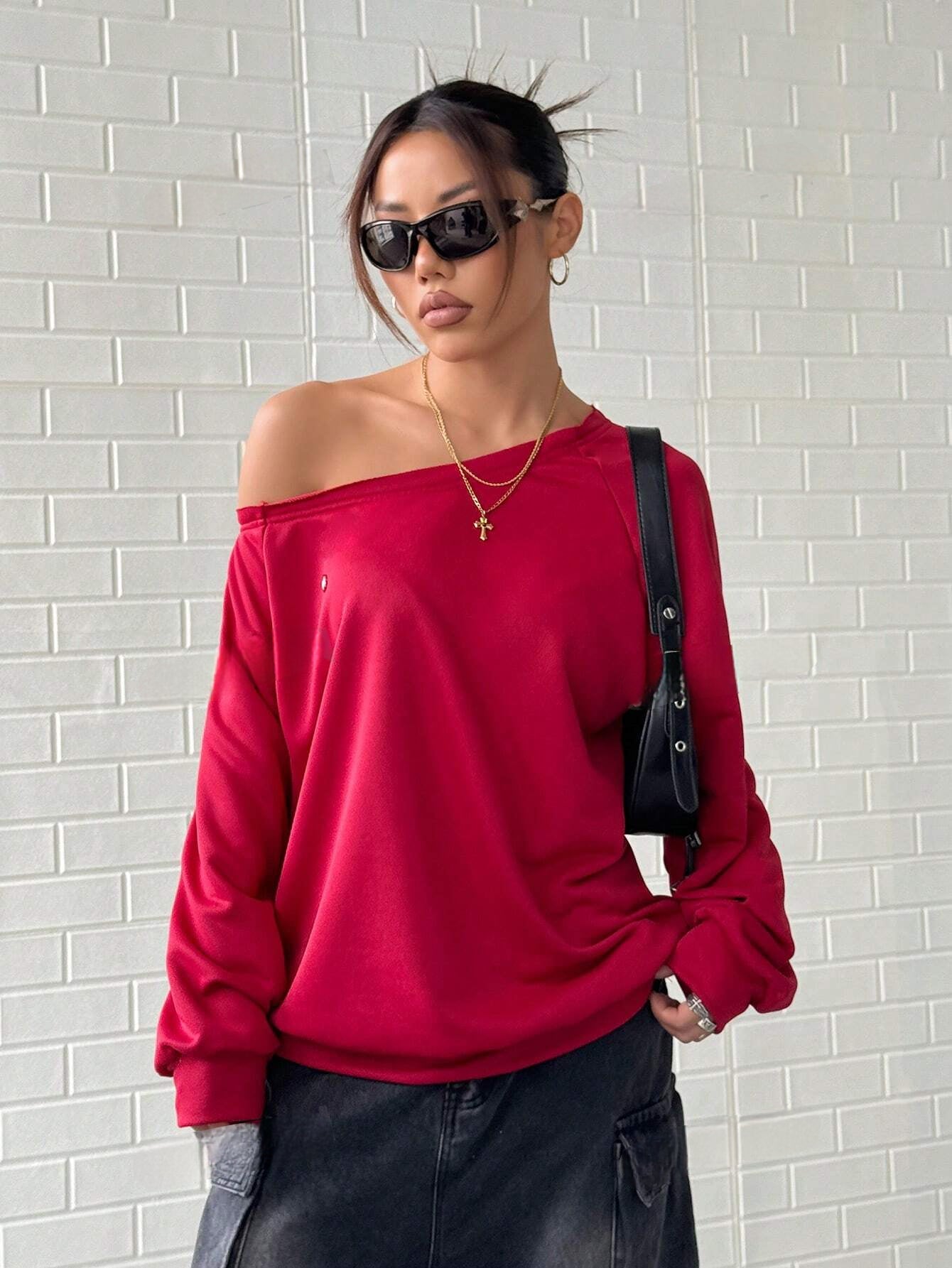 Greta's Effen Kleur Asymmetrische Lange Mouw Sweatshirt β Modieus en Trendy
