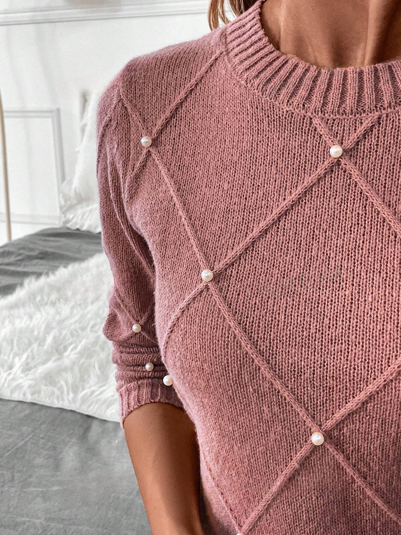 Giulia's Elegante Wintertrui met Diamant-Textuur en Parelversieringen – Perfect voor Feesten, Vakanties en Herfstoutfits