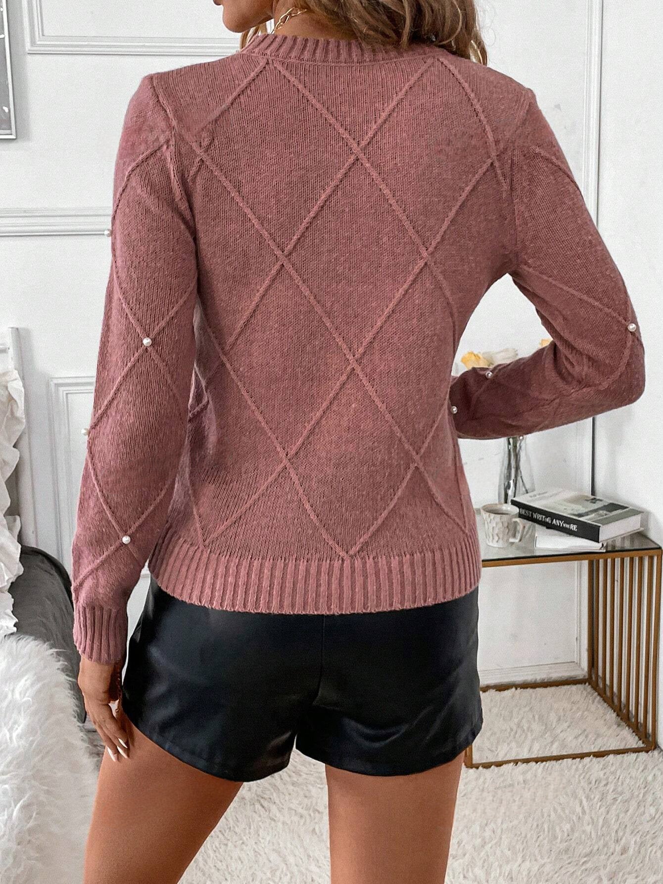 Giulia's Elegante Wintertrui met Diamant-Textuur en Parelversieringen – Perfect voor Feesten, Vakanties en Herfstoutfits