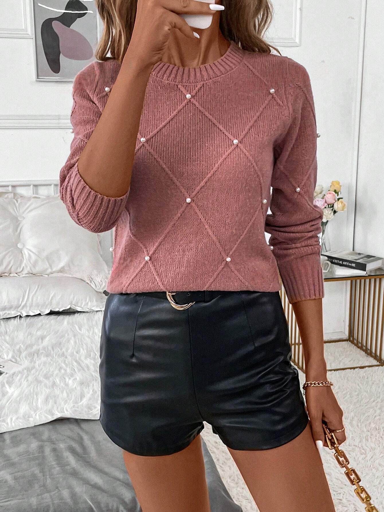 Giulia's Elegante Wintertrui met Diamant-Textuur en Parelversieringen – Perfect voor Feesten, Vakanties en Herfstoutfits