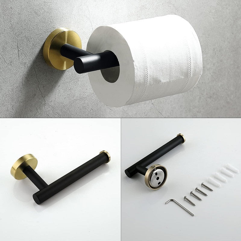 Badkameraccessoires Set Zwart Goud – Luxe Roestvrij Staal, Modern Ontwerp voor Stijlvolle Badkamer
