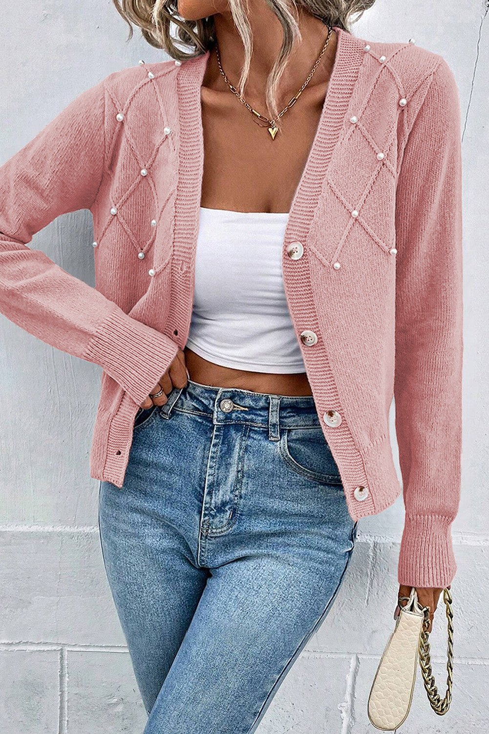 Roze kasjmier vest met parel voor dames | Ideaal voor herfst/winter