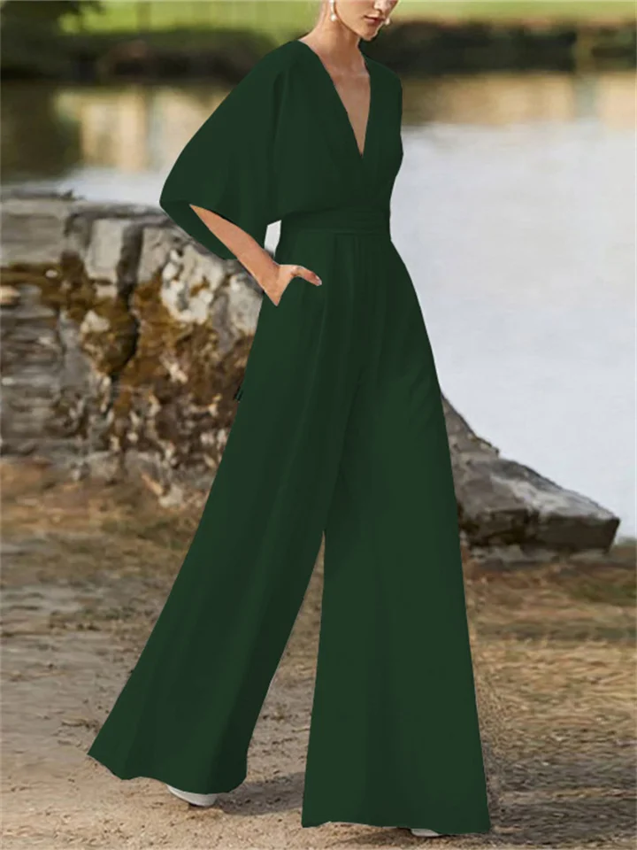 Stijlvolle jumpsuit met V-hals, wijde pijpen en vleermuismouwen voor dames | Ideaal voor de lente/zomer