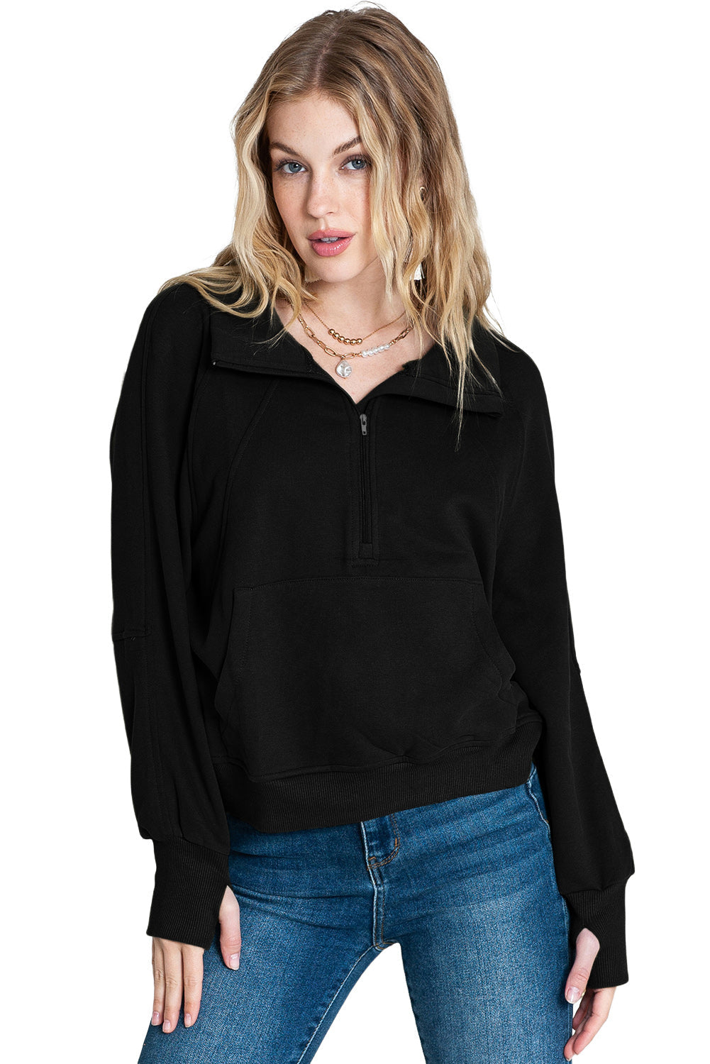 Stijlvolle Bruine Sweatshirt met Rits, Opstaande Kraag en Duimgaten – Perfect voor Casual Comfort