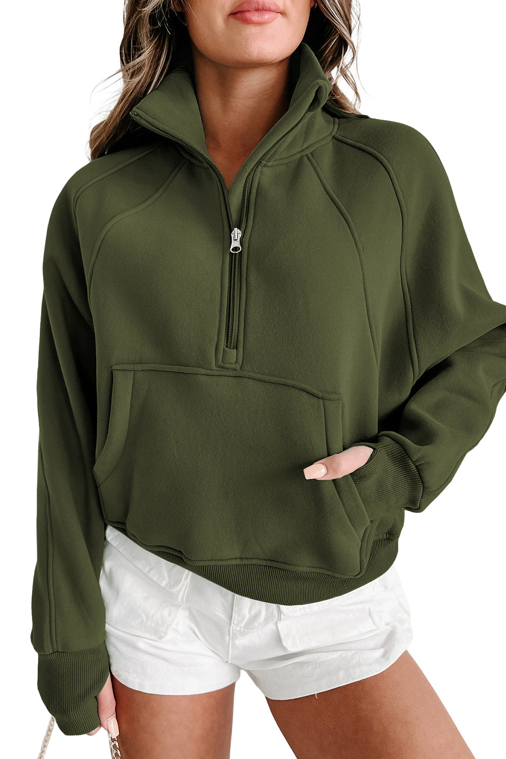 Stijlvolle Bruine Sweatshirt met Rits, Opstaande Kraag en Duimgaten – Perfect voor Casual Comfort