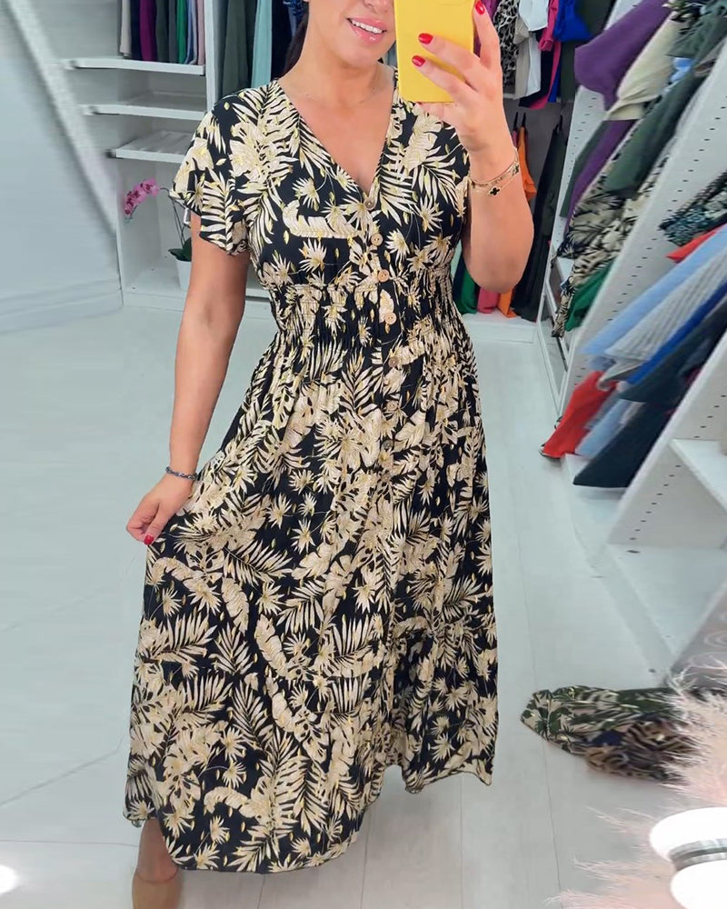 Zwarte jurk korte mouwen bladerenprint elegant