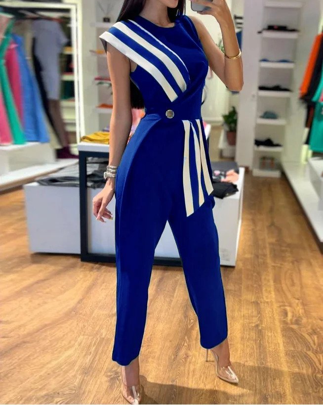 Elegante gestreepte jumpsuit met één schouder en riem voor dames, ideaal voor lente/zomer