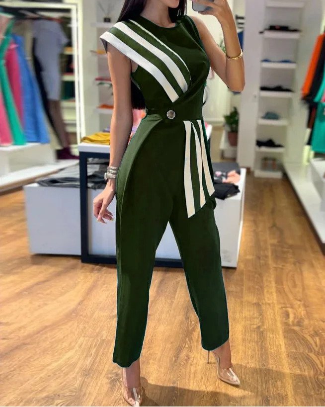 Elegante gestreepte jumpsuit met één schouder en riem voor dames, ideaal voor lente/zomer