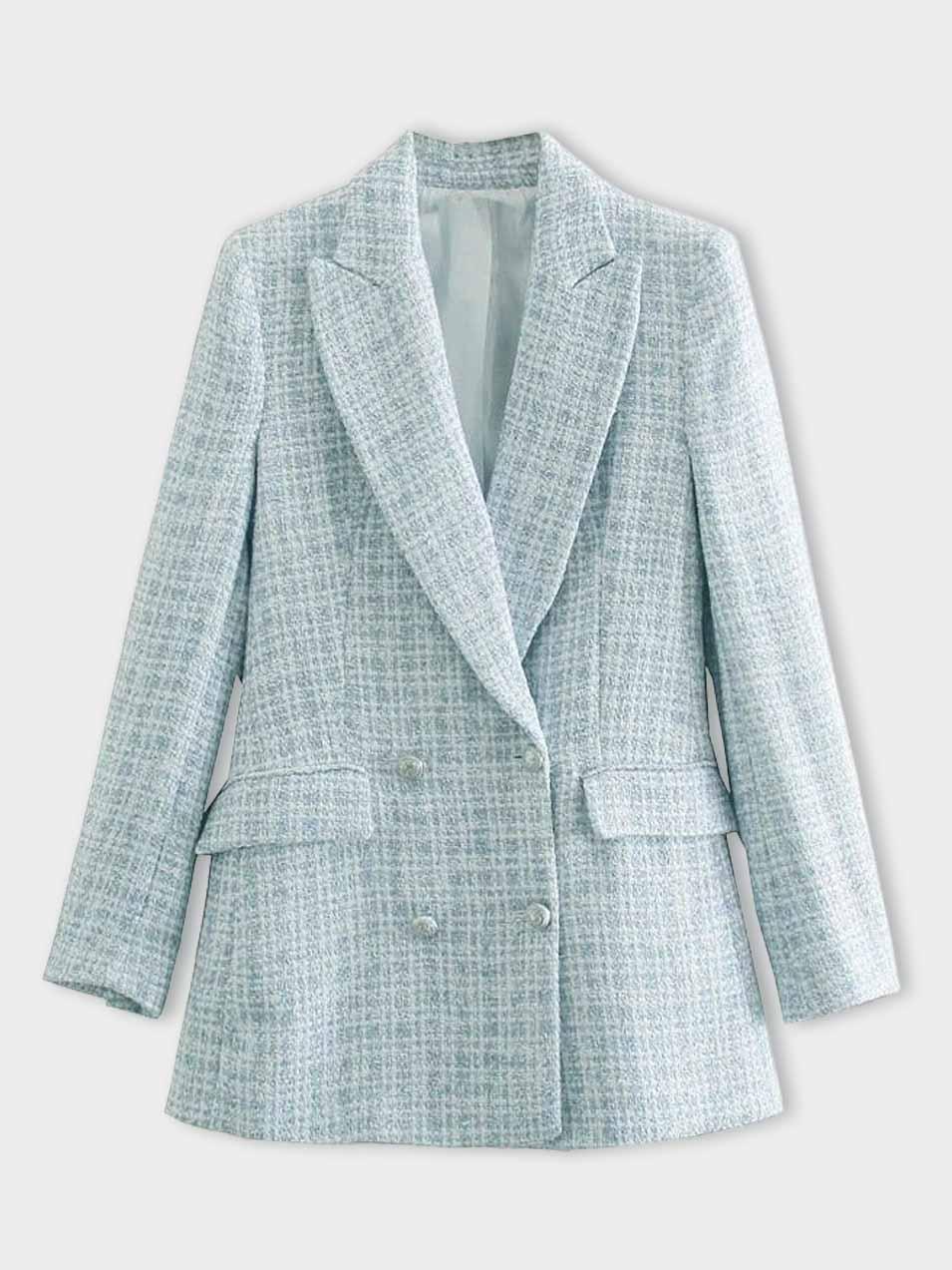 Elegante halflange lichtblauwe Tweed Blazer met Knopen Voor Vrouwen | Ideaal Voor Alle Seizoenen
