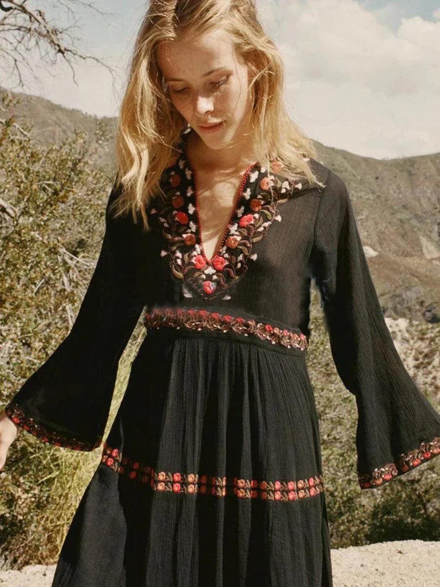 Zwarte Bohemien Maxi Kanten Jurk voor Elegante Stijl