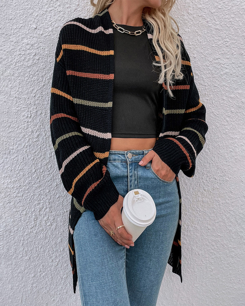 Stijlvol lang gestreept zwart gebreid gilet met losse schouders voor dames | Ideaal voor herfst/winter