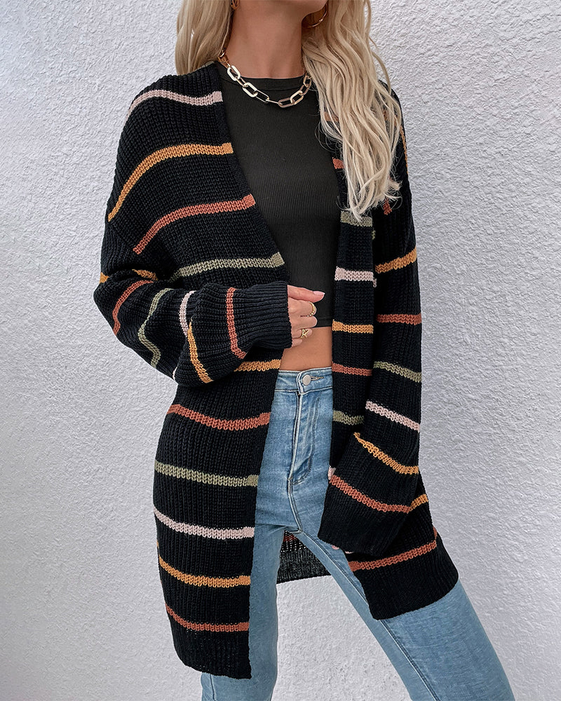Stijlvol lang gestreept zwart gebreid gilet met losse schouders voor dames | Ideaal voor herfst/winter