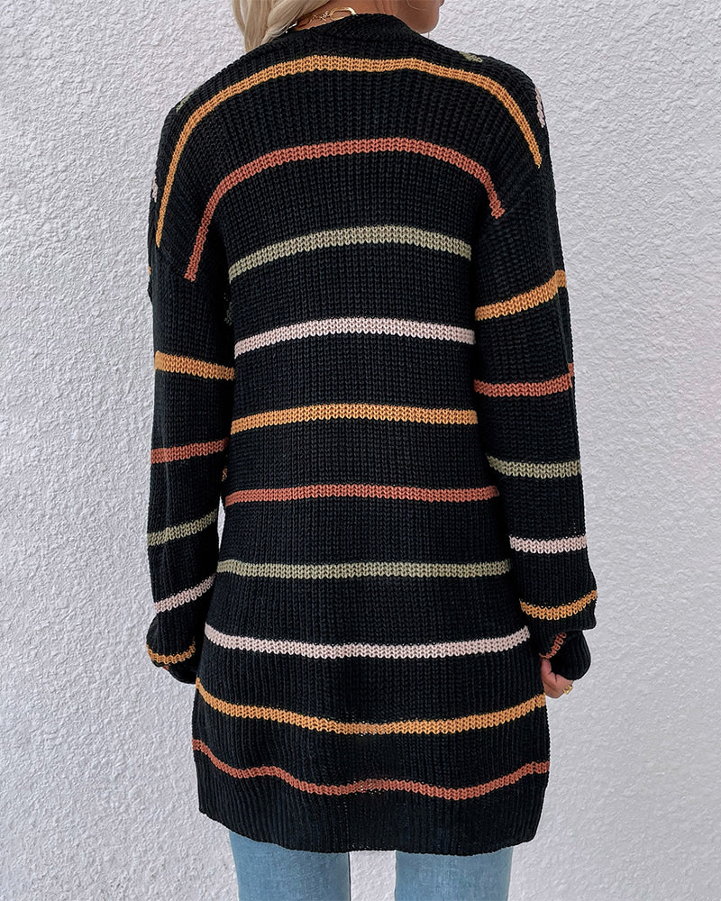 Stijlvol lang gestreept zwart gebreid gilet met losse schouders voor dames | Ideaal voor herfst/winter