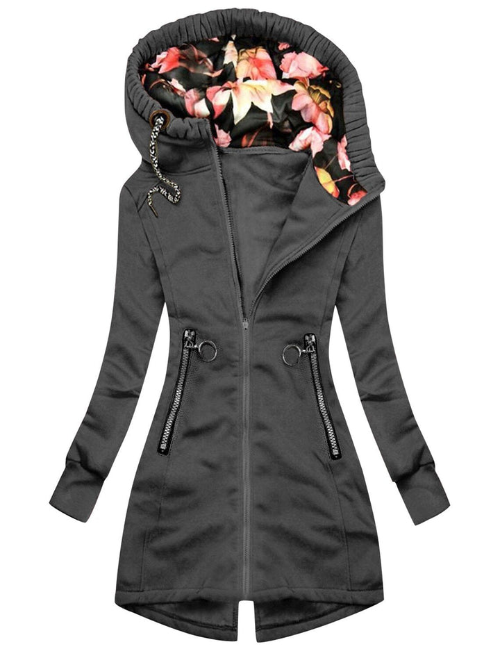 Stijlvolle jas met hoge kraag, gebloemde capuchon en ritszak voor vrouwen, ideaal voor de winter