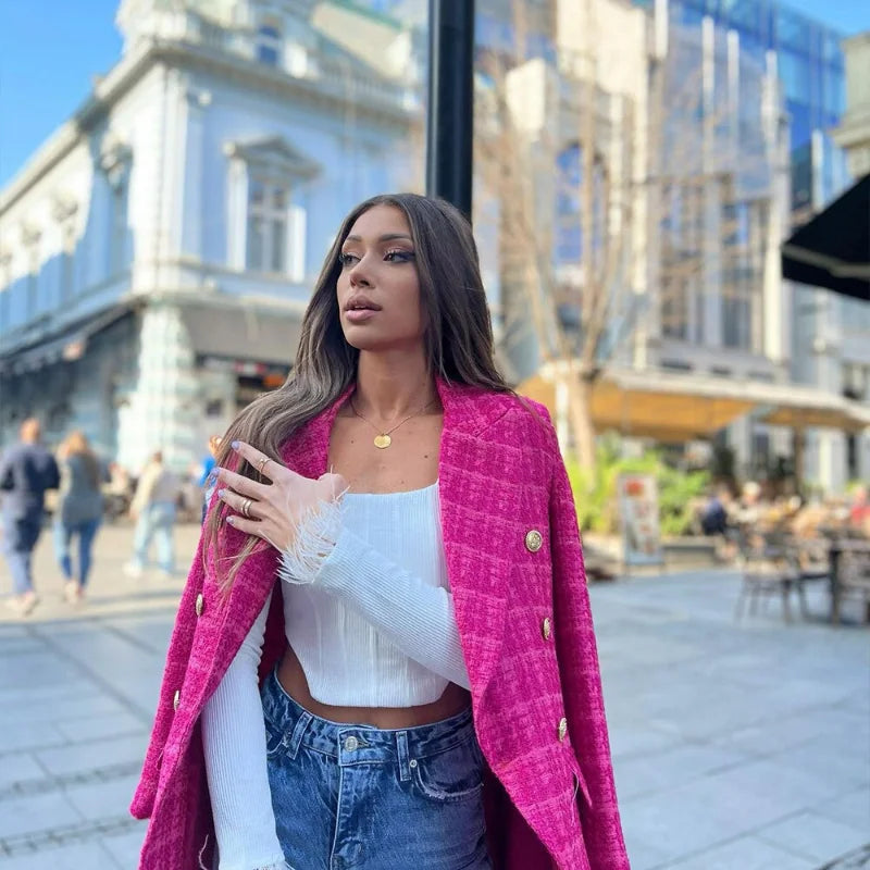 Trendy halflange roze tweed blazer met zakken voor dames | Ideaal voor alle seizoenen
