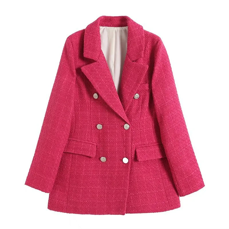 Trendy halflange roze tweed blazer met zakken voor dames | Ideaal voor alle seizoenen