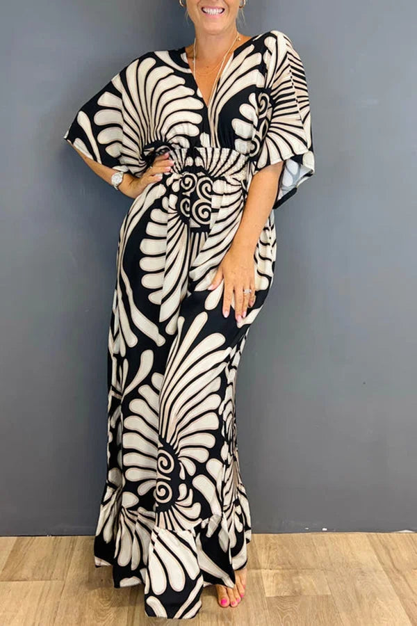 Jumpsuit met V-hals en bloemenprint voor dames, vintage, gerimpeld, ideaal voor de zomer