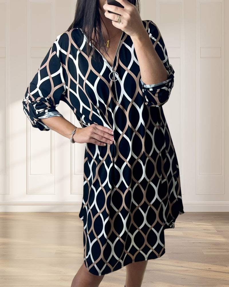 Zwarte jurk met rits en ruitpatroon elegant design